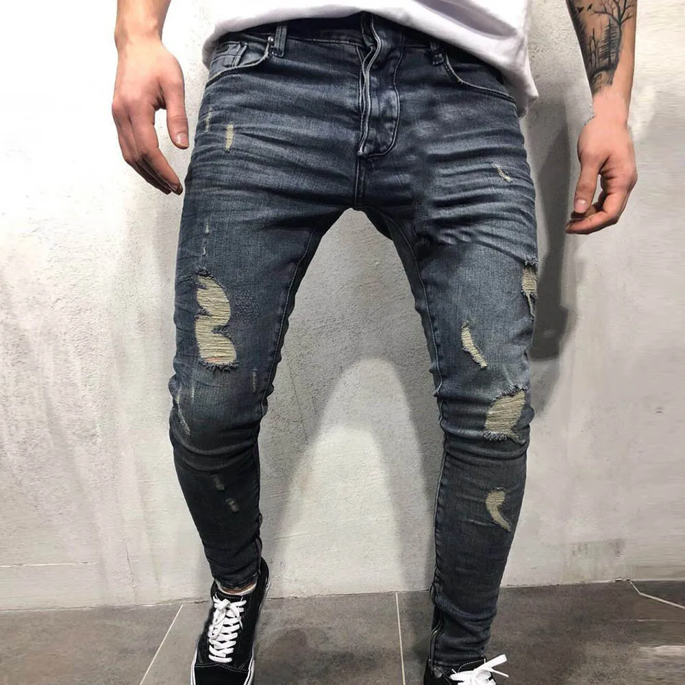 Men's Autumn Denim Cotton Straight Ripped Hole Trousers Distressed Jeans Pants New Fashion Male Straight Casual Jeans