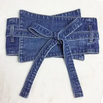 

SondrNew Fashion 2020 Summer Autmn Blue Lace-up Bow Long Belts Irregular Wide Denim Girdle Women All Match Y601