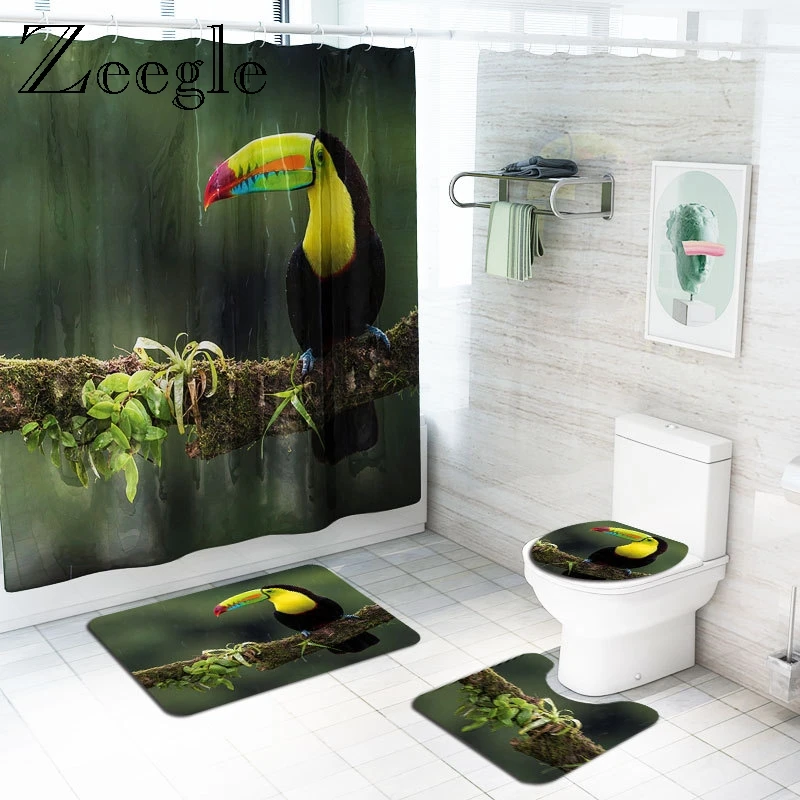 Zeegle Anti Slip 4Pcs Bath Mat Set Waterproof Shower Curtain Toilet Shower Curtain Soft Toilet Cover Seat Mat Absorbent Foot Mat