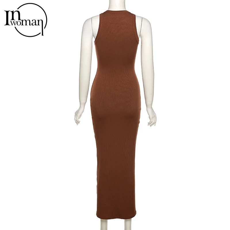 Inwoman Ribbed Knitted Summer Black White Maxi Dress Women 2021 Sexy Party Bodycon Long Dress Sundress Ladies Brown Wrap Dresses red dress