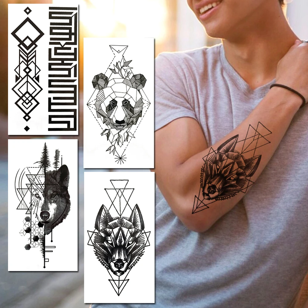 

Большая геометрическая временная татуировка для мужчин и женщин, 3D волк, панда, тату-наклейка, креативная черная искусственная Живопись тела