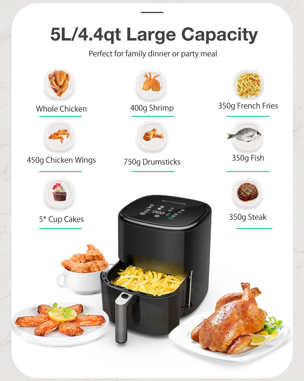 Fritadeira de ar com Controle de Aplicativo Receitas de Fritadeira de ar Circulação de ar Blitzhome Inteligente Melhor Rnc Tecnologia 360 ° Quente 1500w 5l Computers & Electronics