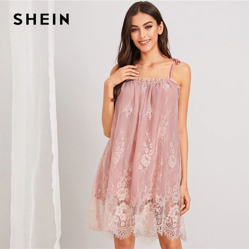 

SHEIN Pink Eyelash Floral Lace Sheer Cami Night Dress Women Nightwear Autumn Knot Straps Elegant Lingerie Sleeveless Sleepwear