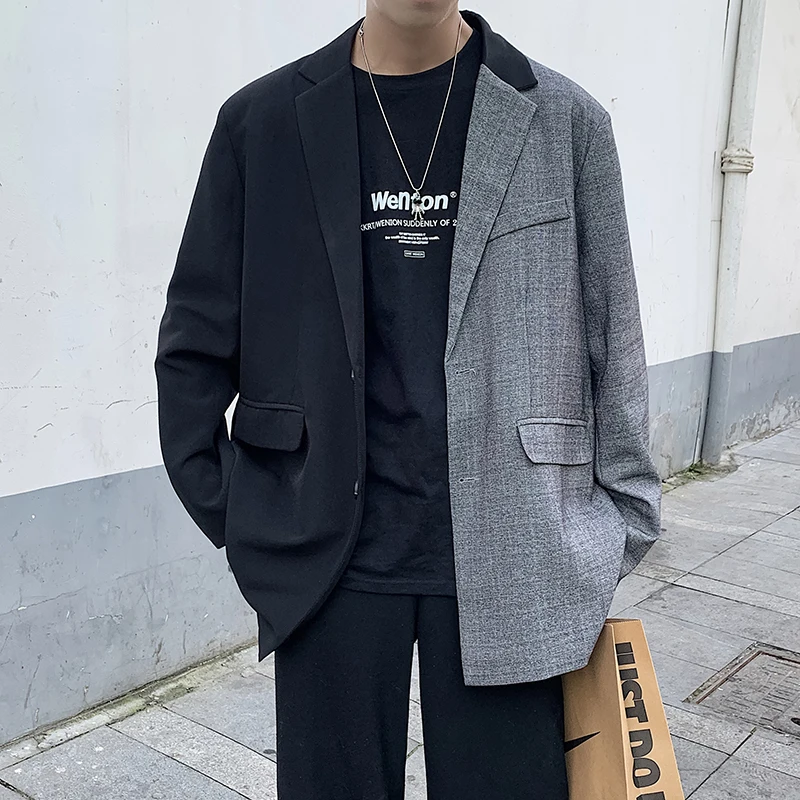 Suit Jacket Overshirt Mens Blazer Young-Clothes Patchwork Streetwear Vintage Fashion