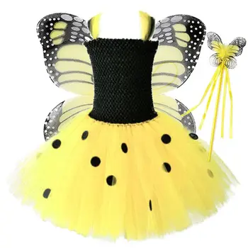 

Kids Girls Yellow Insect Costume Set Polka Dot Tutu Dress Wings Wand Cosplay 40JF
