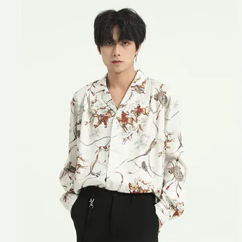 

Men Vintage Character Print Long Sleeve Casual Shirts Male Japan Korea Style Streetwear Hip Hop Loose Shirt