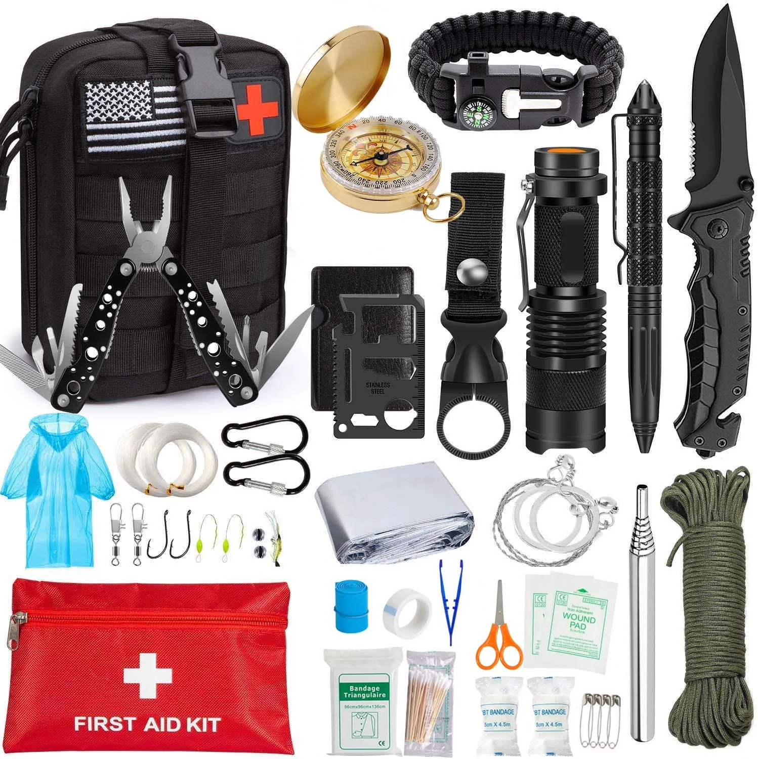 Emergency Survival Kit 47 in 1 Survival Gear Tool Kit SOS Survival Tool Emergency Blanket Tactical Pen Flashlight Pliers Wire S