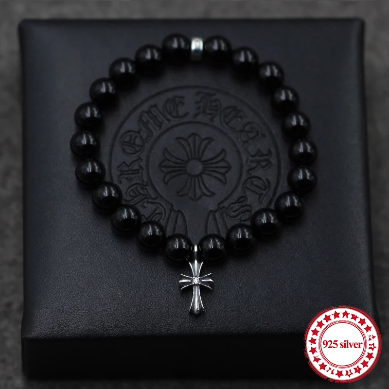 

S925 Obsidian sterling silver men's Strand Bracelets personality classic fashion series cross letter modeling beads lover's gift
