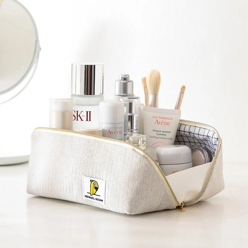

New Cosmetic Bag Outer Linen Fabric Makeup Case Inner Waterproof Fabric Large Capacity Toiletry Bag Foldable Cosmetic Organizer