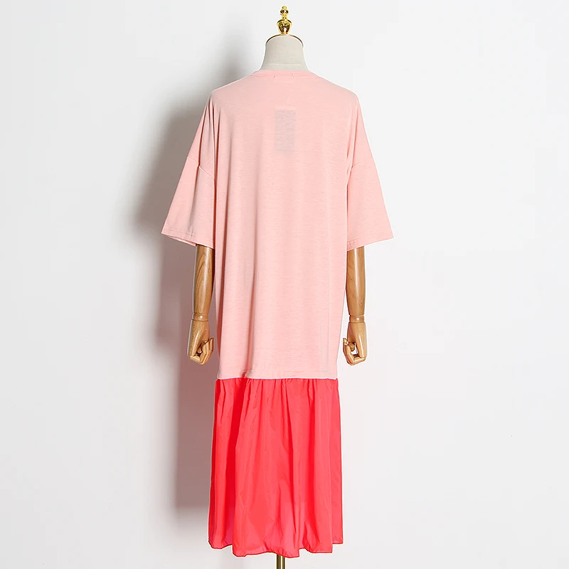 主 (2).JPG TWOTWINSTYLE Elegant Patchwork Hit Color Dress Women O Neck Half Sleeve Oversize Casual Midi Dresses Female 2020 Summer Clothes