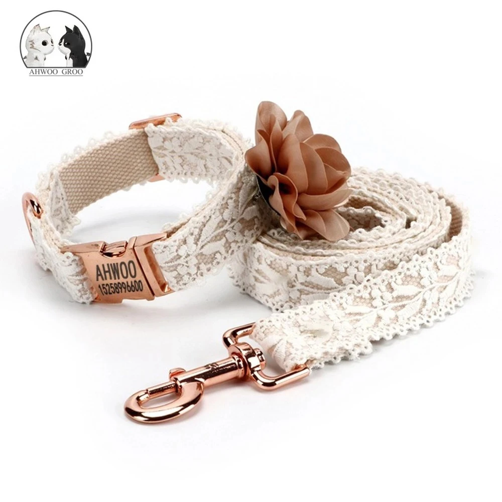 Lace Dog Collar Set Fashion Flowers Girl Puppy Cat Dog Tag Collar Leash Adjustable for Small Medium Large Dogs Free ID Pendant