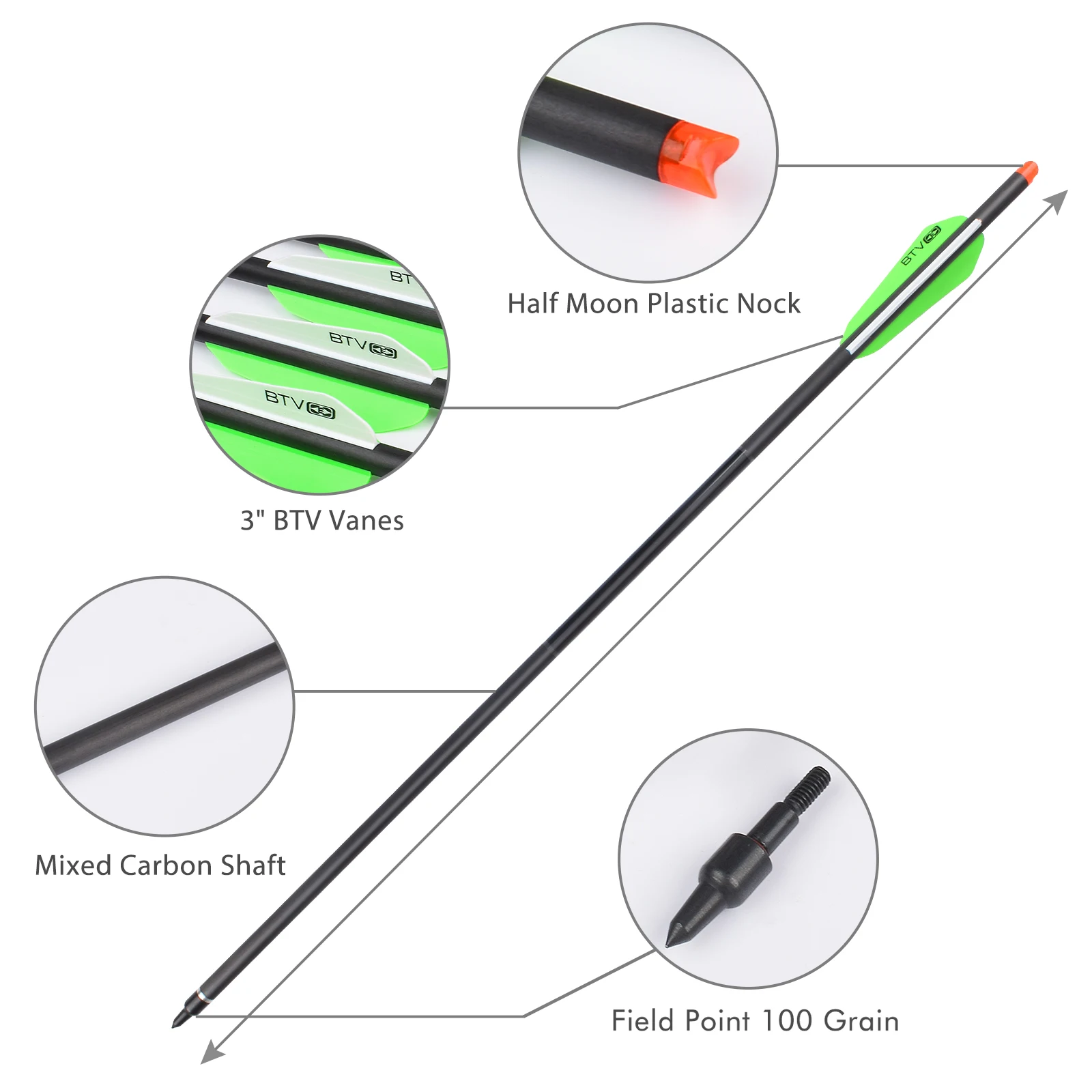 Frecce Balestra Carbonio 12 Pezzi - Punte 100 Grani Per Caccia E Tiro Con Arco | ELONG OUTDOOR - Foto 8