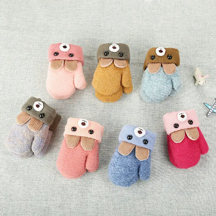 Зимние теплые перчатки для маленьких мальчиков и девочек с густым мехом и рисунком медведя, варежки