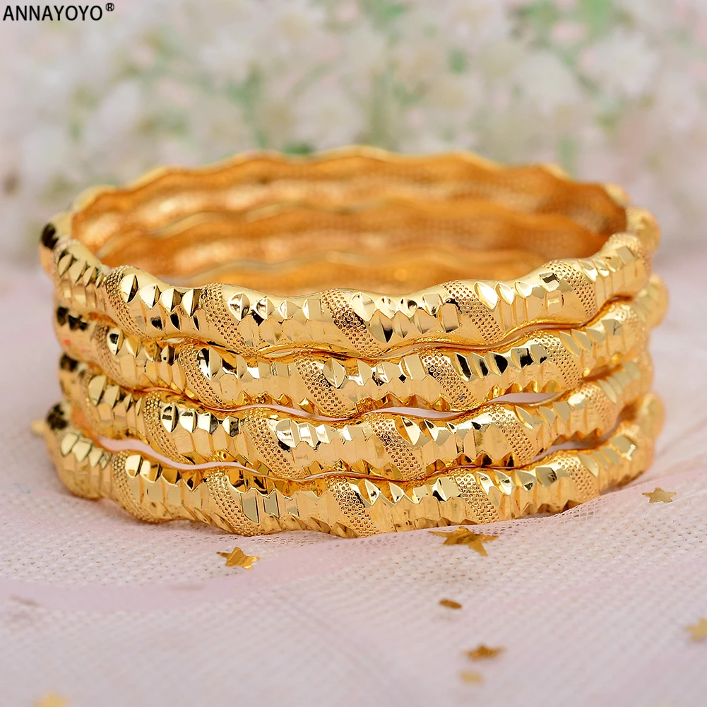 Annayoyo 4pcs New Fashion 24K Gold Color Wedding Bangles for Women Bride Bracelets Ethiopian/france/African/Dubai Jewelry gifts