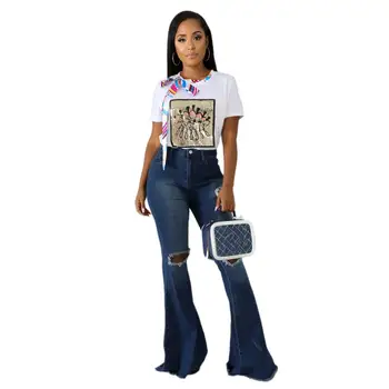 

Women High Waist Pants Flare Jeans Bottom Ripped Hole Skinny Jeans Casual Large Size Trousers Denim Pants