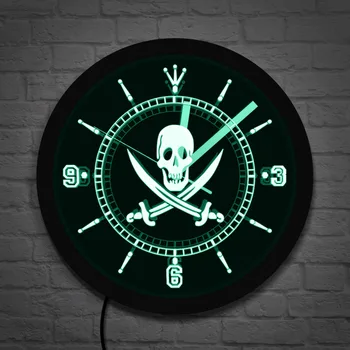 

Jolly Roger Pirate LED Neon Sign Wall Clock with LED illumination Skull With Crossed Swords Wall Clock Pub Bar LED Wall Decor