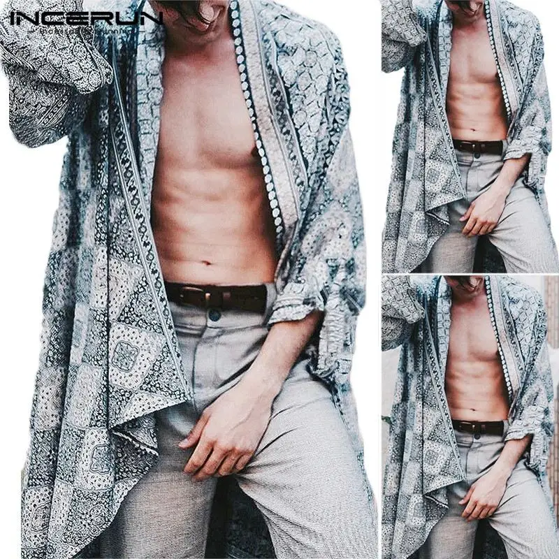 

INCERUN Men Vintage Ethnic Print Baggy Trench Coats Casual Thin Long Cardigan Windbreaker High Street Mens Cloak Size S-5XL
