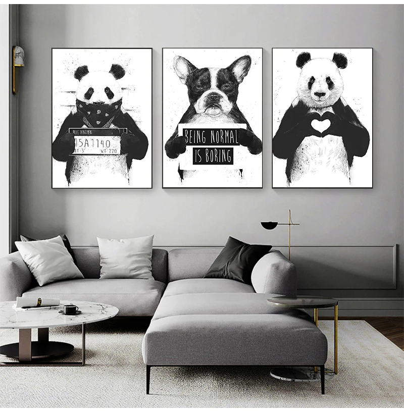 Nordic Cartoon Canvas Painting Wall Art Cute Panda Boston Terrier Pictures Modern Home Decor Funny Black White Animals Poster