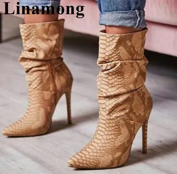 

2019 Fashion Snakeskin Pattern Women Boots Spring And Autumn Sexy Pointed Toe And Thin High Heel 10CM Heel Women Shoes