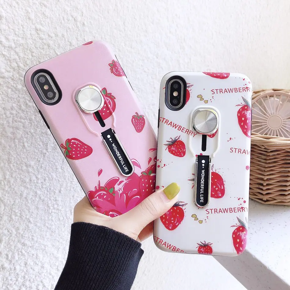

Axbety For iPhone 11 X XR XS MAX 7 8 Plus 6 6s Plus Case Strawberry Hide Loop Stand Phone Cases 2 In 1 Adsorption Hard Cover