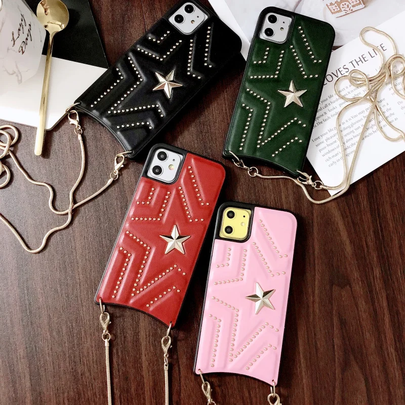 New PU Leather Studded Pentagram Fhx-11K Phone Case with Metal Chain for 7 8Plus X XS MAX XR Available for iPhone 11Pro MAX