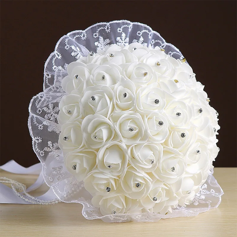 

Artificial Rose Flowers Bouqu Romantic Wedding Bride Holding Decoration for Home Decor Simulation Fake Pearl Crystal Silk Flower