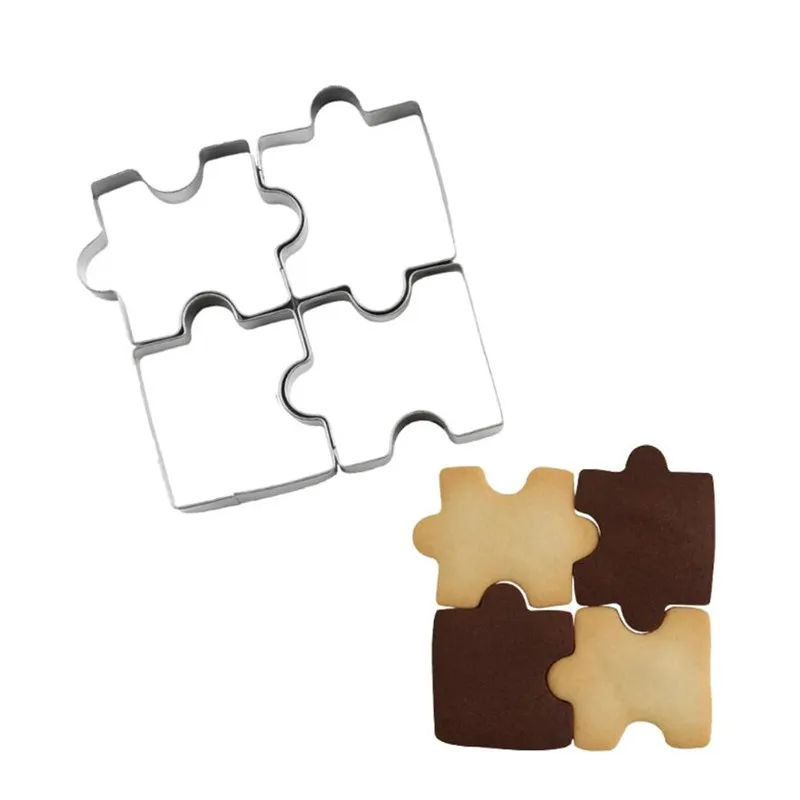 Cookie Cutter 4Pcs 3D Stainless Steel Cookie Puzzle Shape Cookie Cutters Toast Cutter DIY Biscuit Mold Dessert Bakeware Cake Fondant Mold Tool