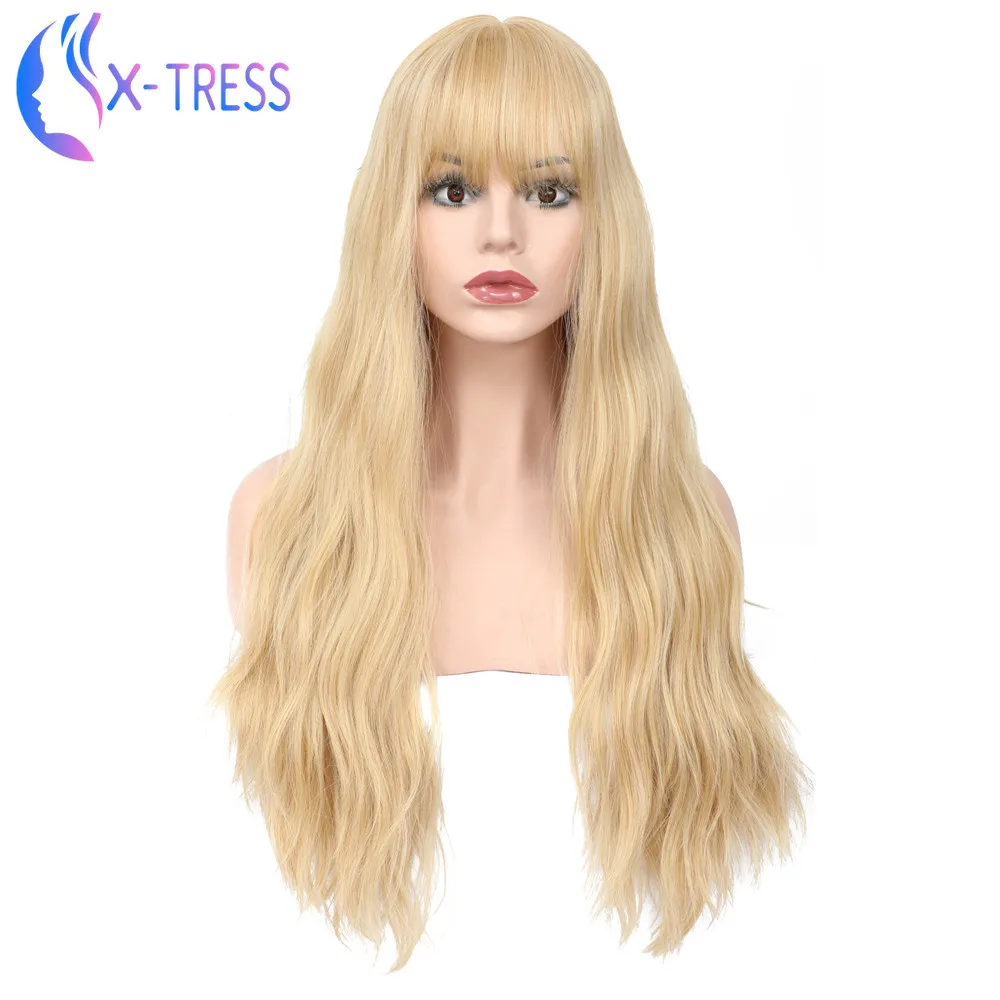 

Synthetic Blonde Wigs For Women 26inch Long Natural Wave X-TRESS Wig With Bangs Heat Resistant Fiber Cosplay Wig