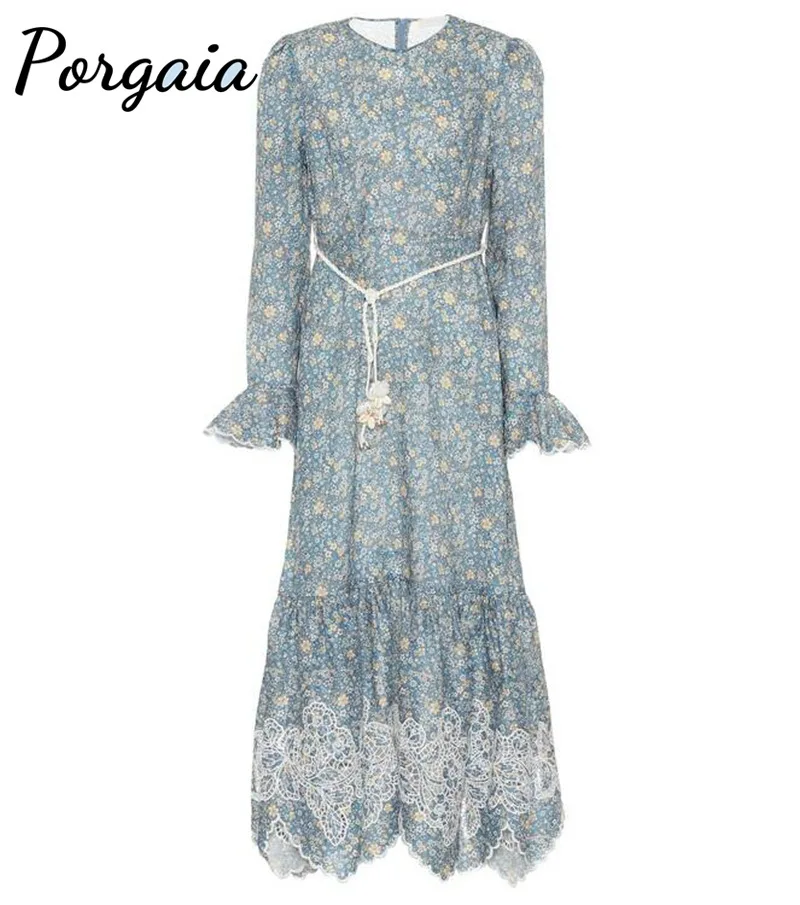 

Porgaia O-Neck Autumn Empire Lantern Sleeve Draped Full Floral Embroidery Pleated Vintage Slimming Blue Dress Woman Dress