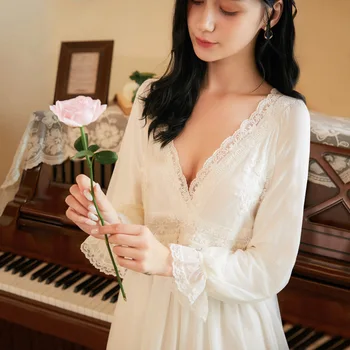 

Ladies Vintage Palace Style Nightdress Lace Lolita Victorian Nightgowns Sexy Women Long Sleeve V-neck Sleepwear Negligee