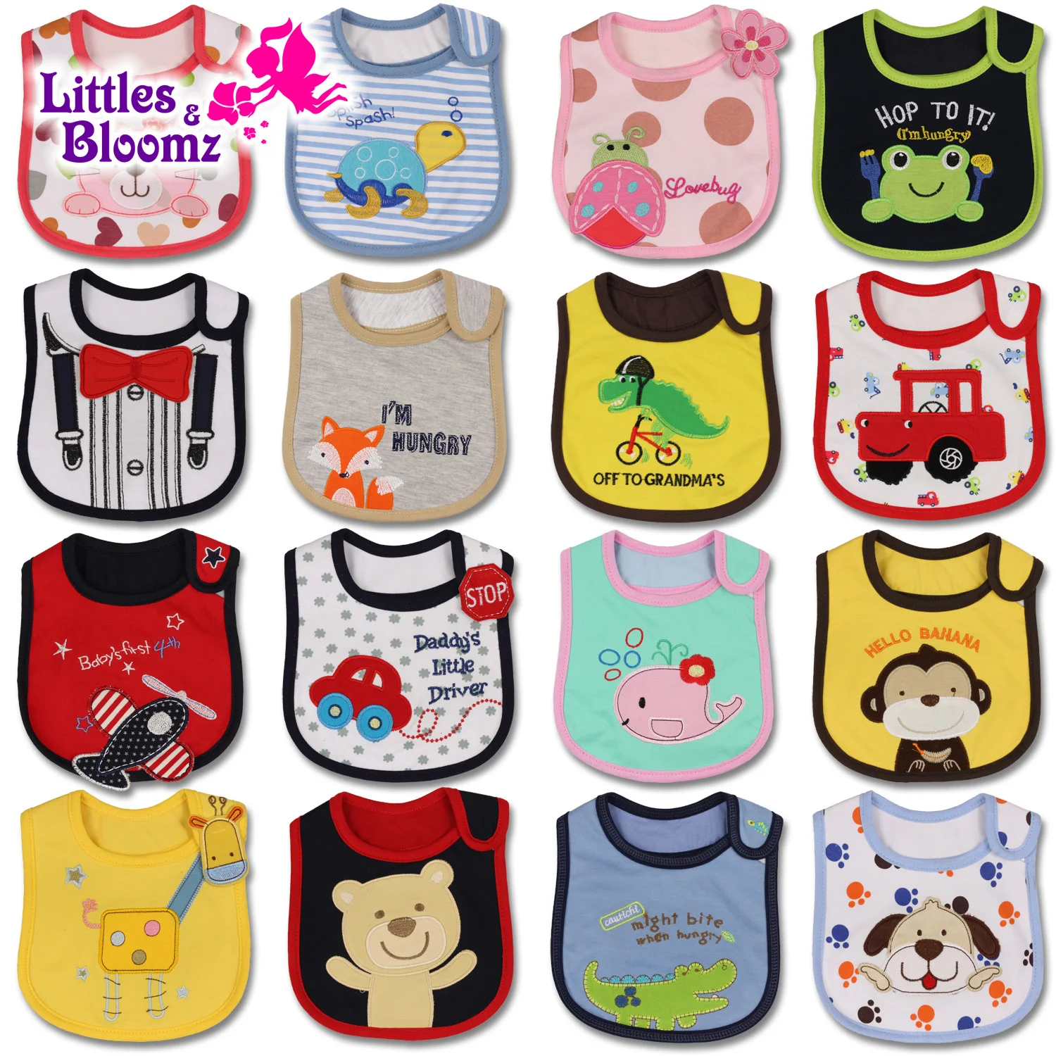 [Littles & Bloomz] bebé niña niño baberos para comer delantal impermeable Toalla de dibujos animados niños pequeños cena baberos pañuelos de paño para el eructo