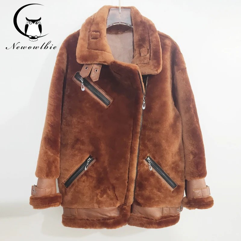 Women Autumn Winter Classic Bomber Jacket Warm Fashion Shearling Coat Sheepskin Jacket 70cm long  whole caramel sheepskin coat цена и фото