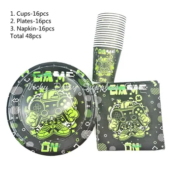 

48pcs/lot Green Games Theme Party Disposable Tableware Boy Game Birthday Baby Shower Set Children Party Decoration Supplies