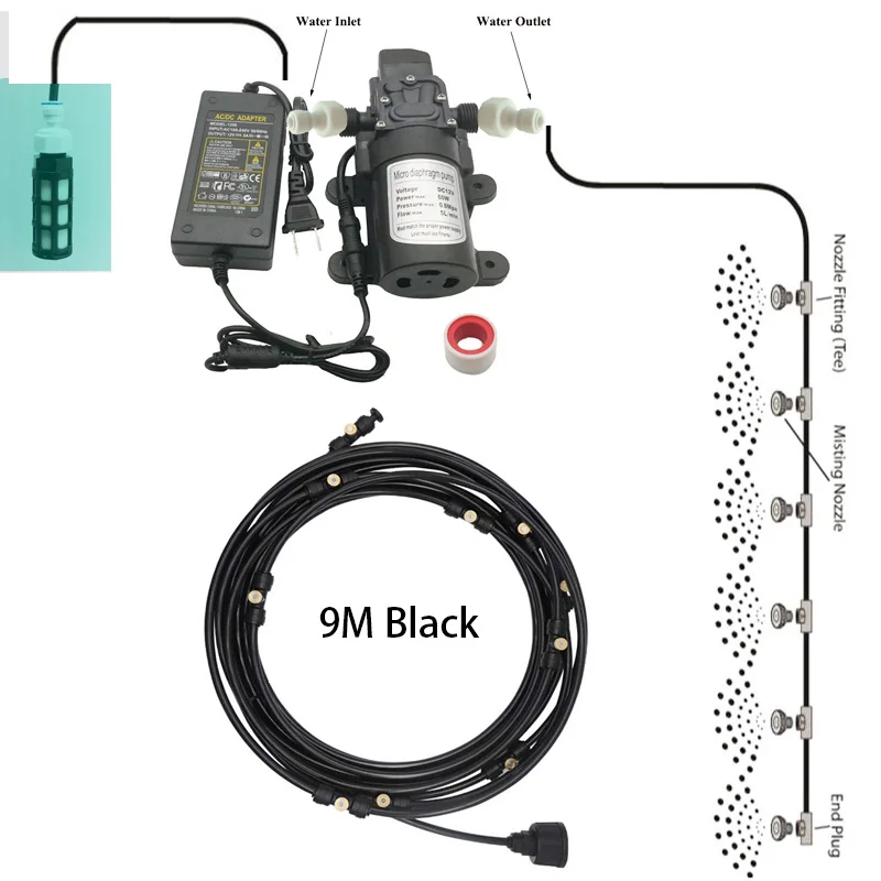 Black 9M Kit Три цвета воды спрей открытый сад запотевание системы охлаждения воды туман системы для цветов растений 6 м-18 м - Цвет: Black 9M Kit