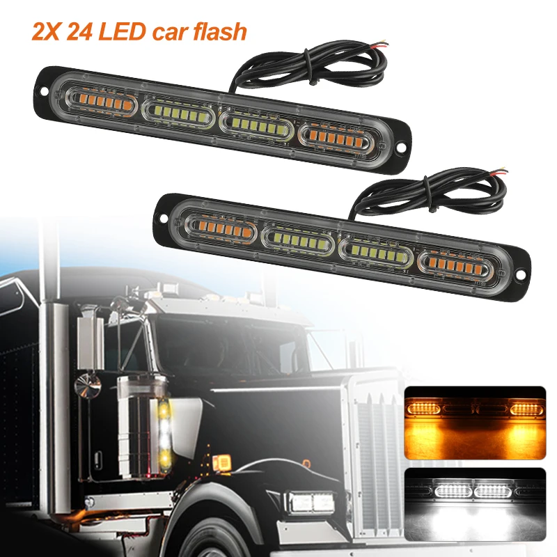 

2Pcs 24LED Car Truck Emergency Warning Hazard Flash Strobe Light Bar Amber/White 72W 6500K 12V-24V DC
