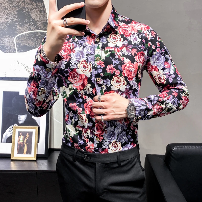 

Shirts for Men 2020 Spring and Autumn New Men's Print Square Collar Single Breasted Slim Hip Hop Long Sleeve Men Shirts