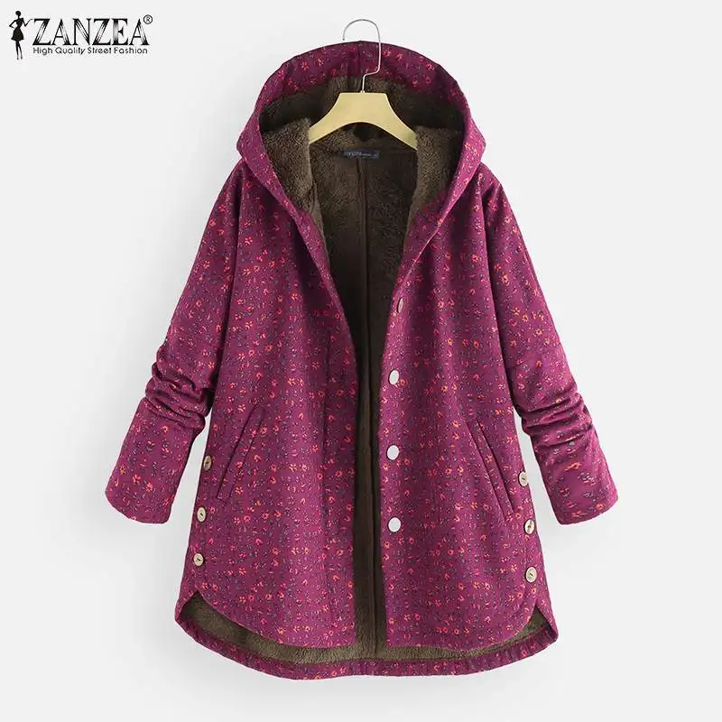 Best  ZANZEA Women Fleece Coats Winter Hoodies Long Sleeve Jackets Female Vintage Buttons Outwear Hooded 