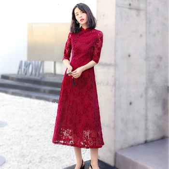 

Women Chenille Lace Dresses Novelty Modern Qipao Cheongsam Dress Long Sleeve Improve Cheongsam Clothing Chinese Style Long Dress