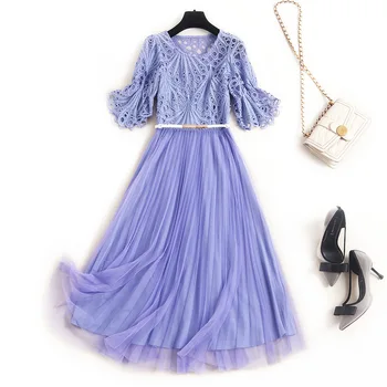 

Women mesh patchwork lace dress summer 2020 flare sleeve holloe out long elegant pleated dresses pink purple