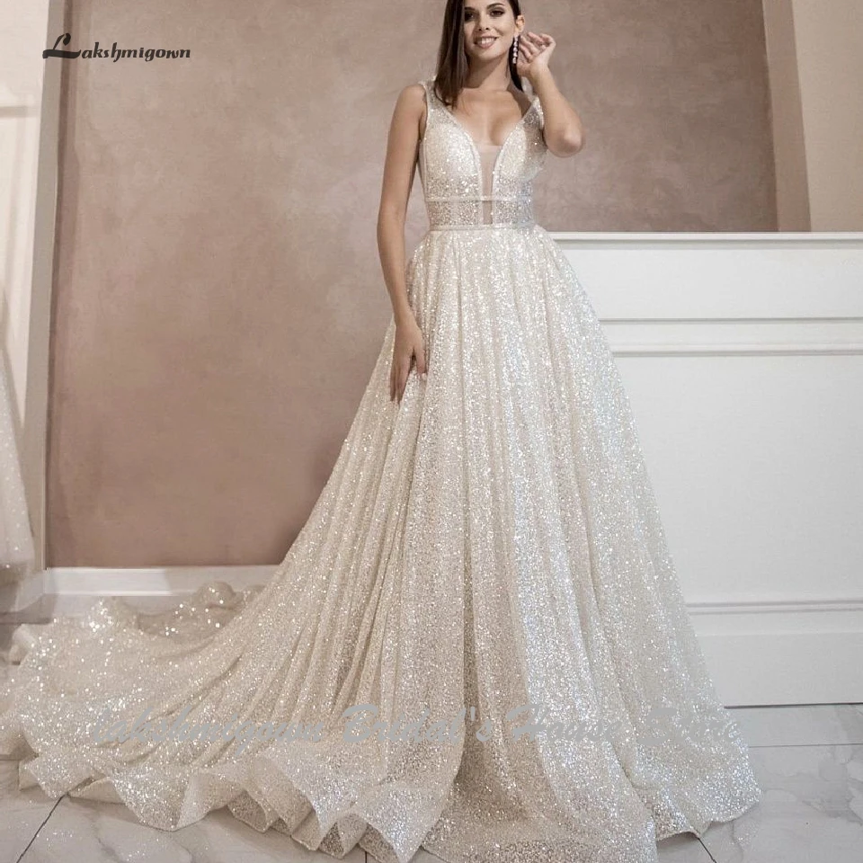 Lakshmigown Bling Bling Open Back A Line Wedding Dress 2024 Vestidos de Novia Sexy Bridal Gown Plunging Wedding Gowns Customized 5