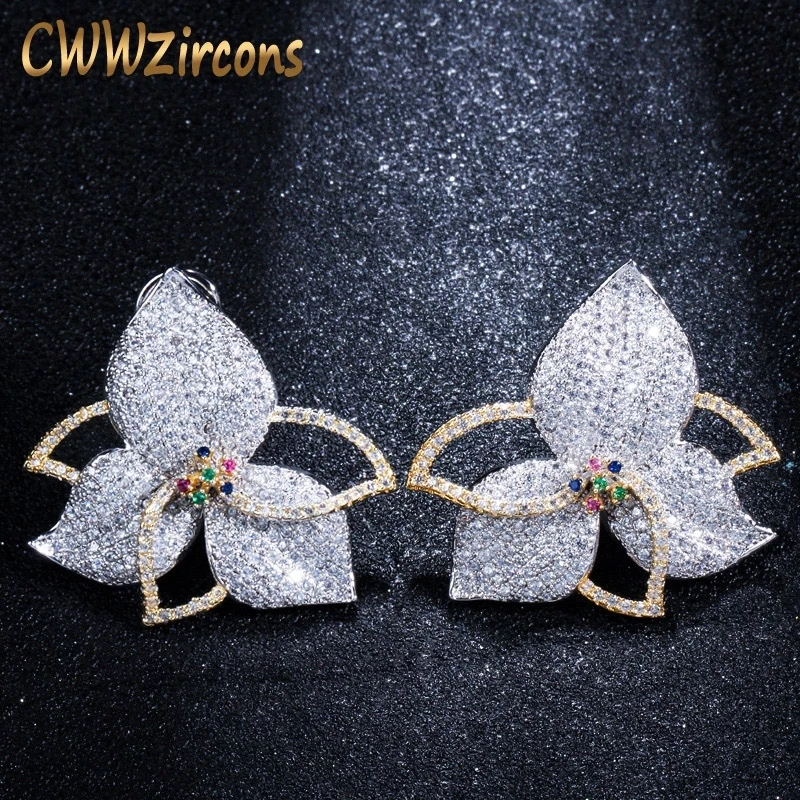 

CWWZircons Two Tones Full Micro Pave Cubic Zirconia Stones Geometric Big Luxury CZ Flower Earrings for Women Jewelry CZ419