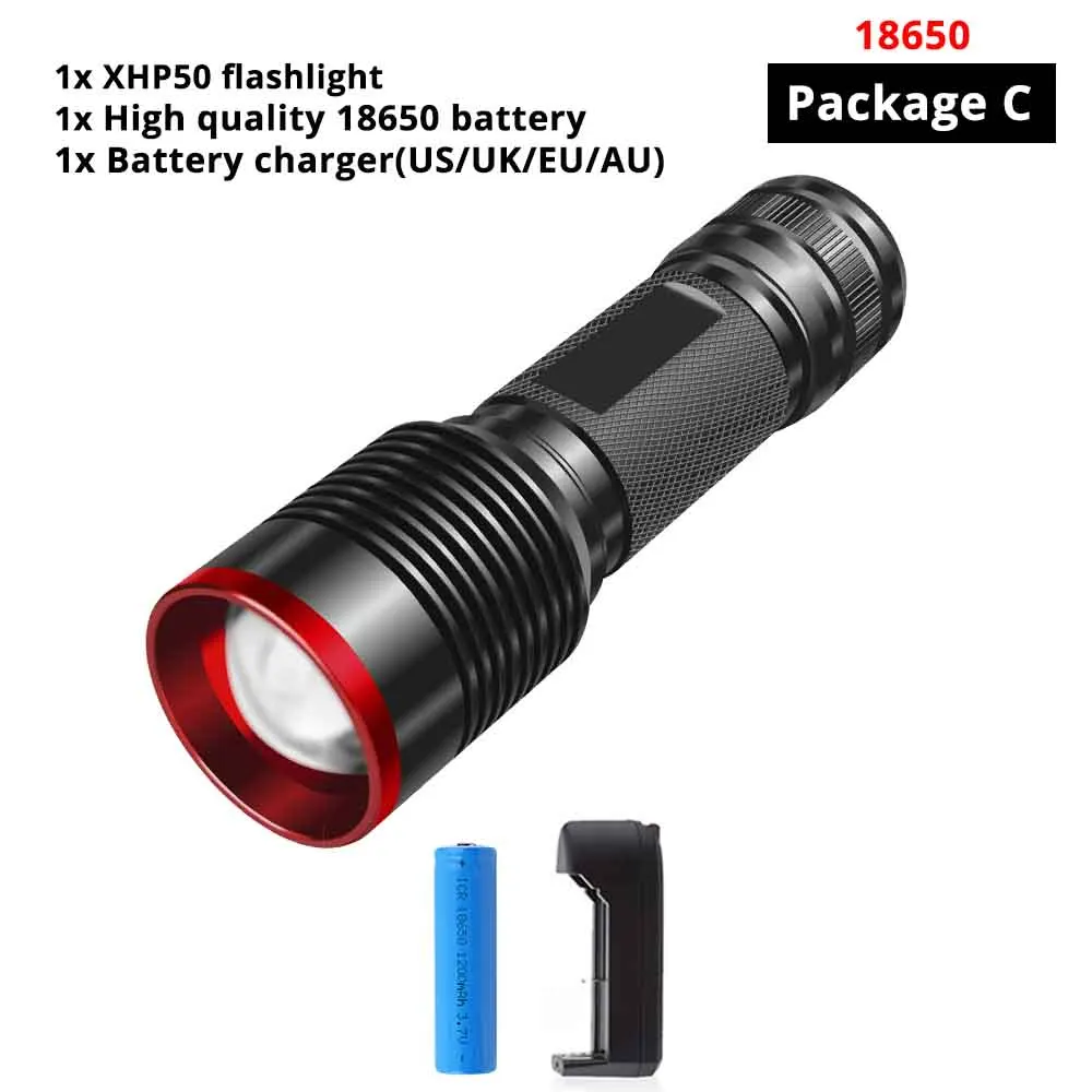 Package C-18650 Мощный светодиодный фонарь XHP50, водонепроницаемый, с увеличением, светодиодный, тактический фонарь, 5 режимов освещения, питание от 18650 или 26650, для наружного освещения - Испускаемый цвет: Package C-18650