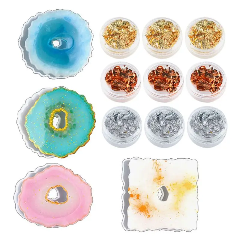 

4Pcs Irregular Wave Shape Resin Molds Kit Geode Coaster Silicone Mold for DIY Jewelry Making UV Resin Craft Contains Foil Flakes