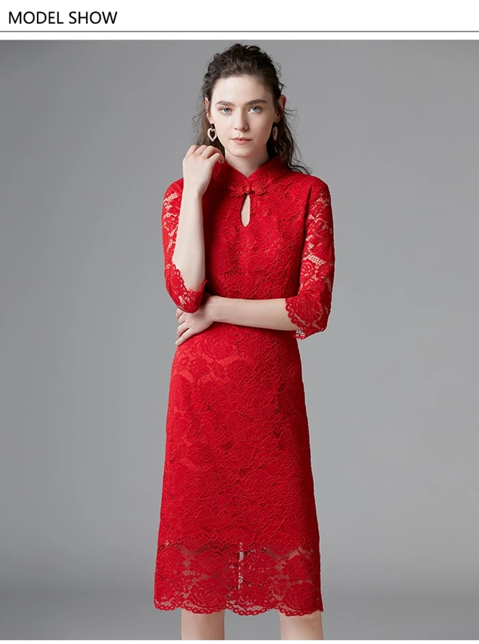 Китайский стиль фестиваль красное кружево cheongsam для женщин vestidos до колена Половина рукава 5XL бант натуральная Талия осеннее платье 14330