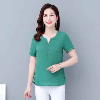 

Middle Aged Women Summer Chiffon Blouses Green Red Solid Color Lace V-neck Short Sleeve Top Ladies Thin Blouse Plus Size 2020