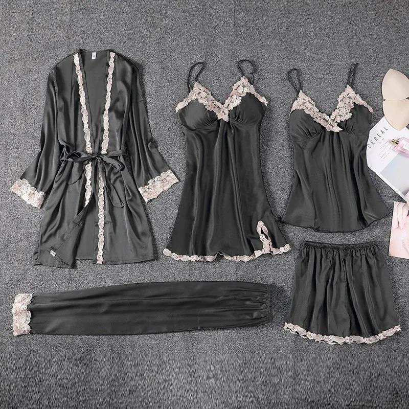 Women Robe Set Satin Sleepwear Sexy Kimono Bathrobe Gown Intimate Lingerie Lounge Wear Casual Nightwear Home Clothes 5PCS