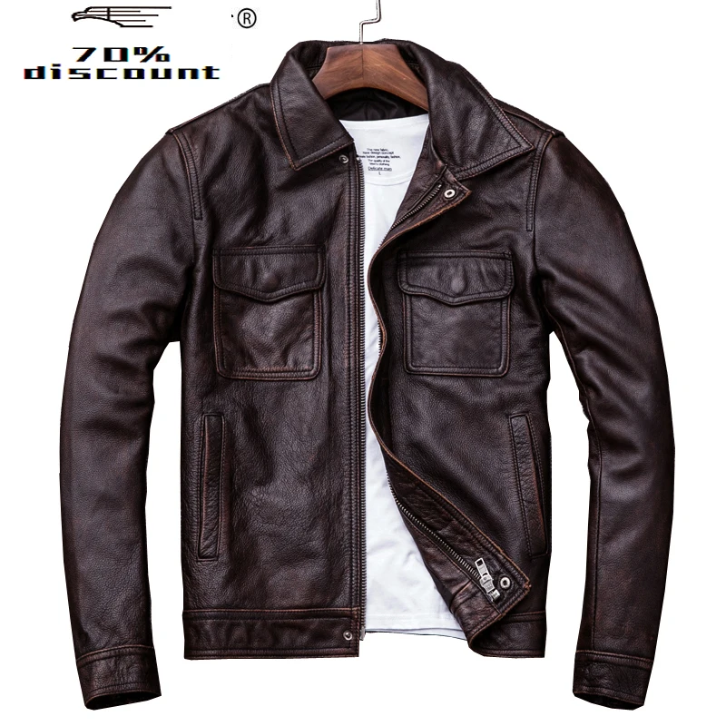 

Genuine Cow Leather Jacket Men Plus Size Cowhide Leather Coat Short Bomber Jacket Veste Cuir Homme Vintage KJ2923
