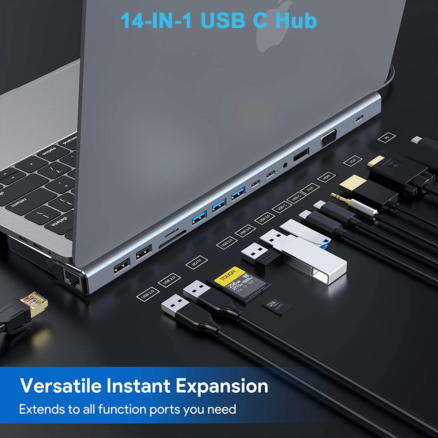 USB C Hub 14-in-1 USB C Adapter mit 4K HDMI VGA USB-C Thunderbolt 3 Gigabit Ethernet Audio SD/TF für MacBook Dockingstation_voghion.com