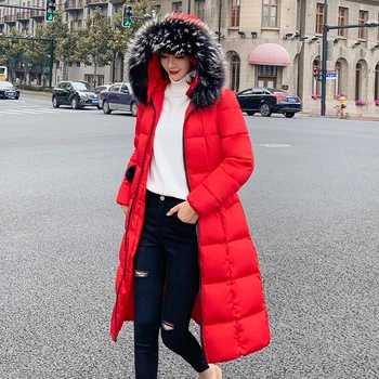 

QIMAGE 2019 Winter Coat New Plus Size Women Parka Big Fur Collar Long Winter Parka Silm FemaleThick Warm Winter Clothes M-4XL