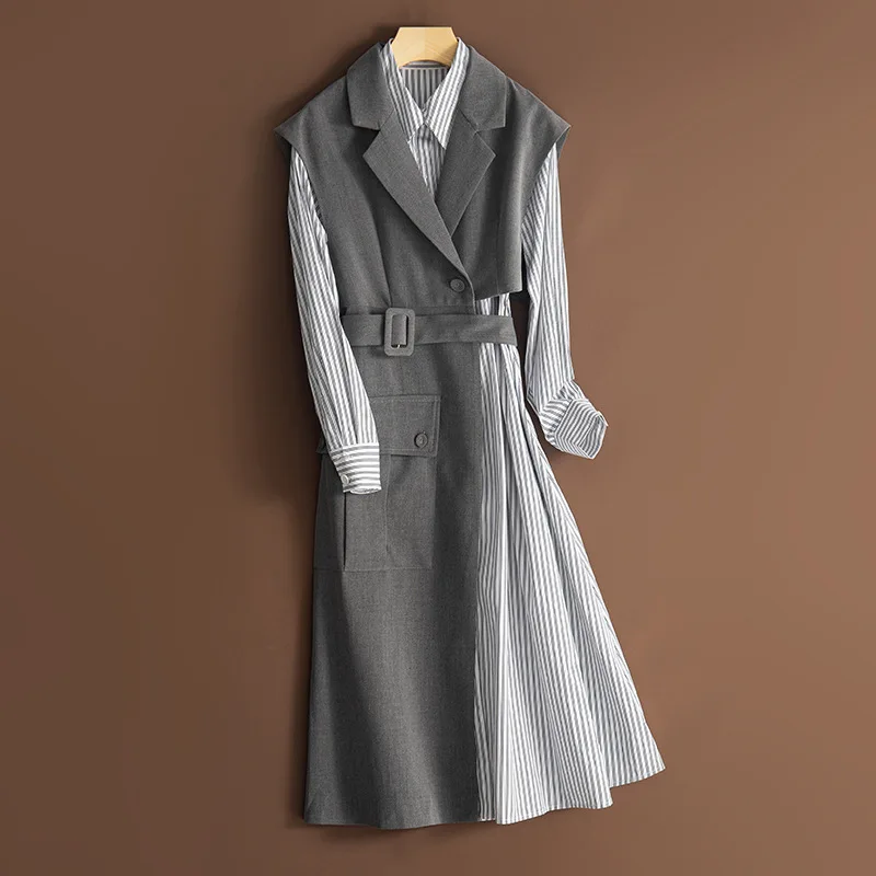 

High Quality Designer Clothing Set 2020 Spring Dress Suit Women Asymmetrical Long Vest Jacket+Striped Print Long Shirt Dress Set
